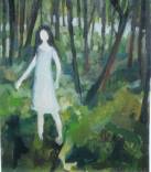La silhouette d'une jeune fille, dans un bois. Huile sur toile.