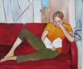 Rouge, orange, bleuté, bronze et blanc, pour le portrait d'une jeune fille lisant.