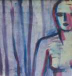 Pochade à l'essence et à l'huile, sur papier : ébauche à grands traits bleus et rougeâtres, du buste d'une femme nue, debout.