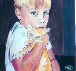 Portrait à l'huile, d'aprés photo, d'un jeune garçon et de son chat roux.