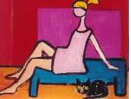 Rose, rouge, orange, bleu et un peu de jaune : une petite fille pose prés d'un chat noir.