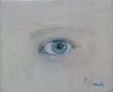 Un oeil bleu sur un fond blanc, peint sur une toute petite toile.