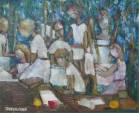 un groupe de "peintresses" en blouses blanches qui travaillent dans le jardin... 