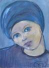 Un portrait de femme avec un turban, dans des tons de mauve et de bleu.