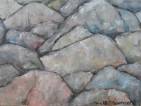 Des rochers rose et bleu, en à-plats au couteau.