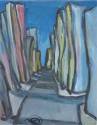 Une ruelle tortueuse et déserte, des immeubles improbables, comme vus à travers un prisme déformant. Des tons rabattus, cernés de noir. Une facture expressionniste.