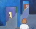 Une enfant, de dos, hésite entre plusieurs voies devant une enfilade de portes dans un décor de théatre.

 