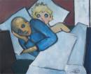 Un couple dans son lit . L'homme tourne le dos à la femme  (personnage de BD ou poupée gonflable) et regarde la télévision. 