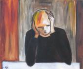 Des tons de brun, de rouille et de noir. Un homme accablé, penché sur une feuille blanche, la tête dans ses mains.