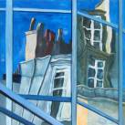 Des toits déformés comme à travers une vitre. Bleu et Bronze. 